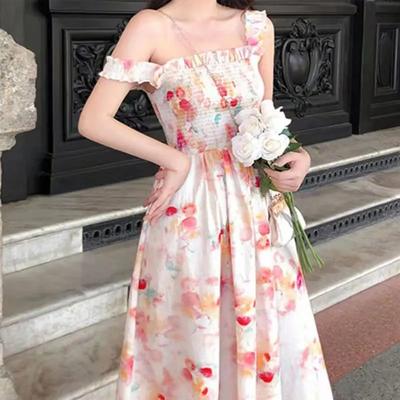 Новый летний стиль Наряд для лучшей подруги сестры Миди Длина Облегающее талию Приталенное Платье-сарафан с цветочным принтом и квадратным вырезом на бретелях для женщин
