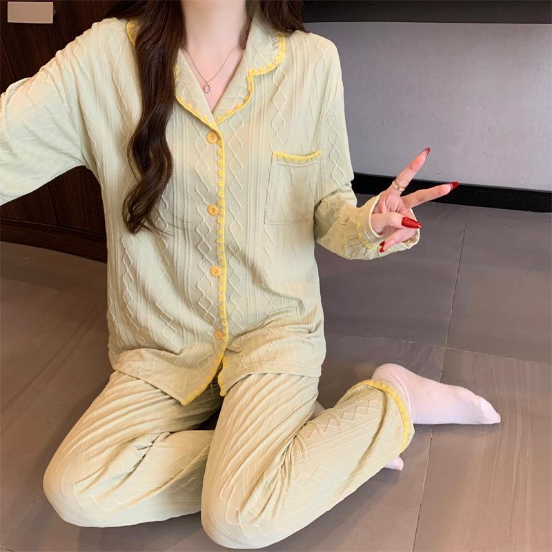 Niche casual pajamas women's spring long-sleeved solid color imitation cotton jacquard loose loungewear shell edge two-piece set