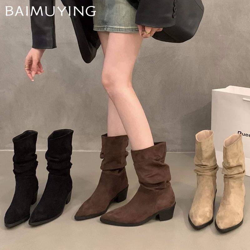 Зимние женские ботильоны на толстой подошве из замши с острым носком и складками на среднем каблуке 2025 года, классические готические туфли-лодочки Chelsea Botas De Mujer