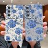 Чехол для S26 Ultra Роскошный узор из бледно-голубых цветов Кожаная текстура Мягкая силиконовая накладка для Samsung Galaxy S25 Edge S24 Ultra S23 S22 Plus S21 FE