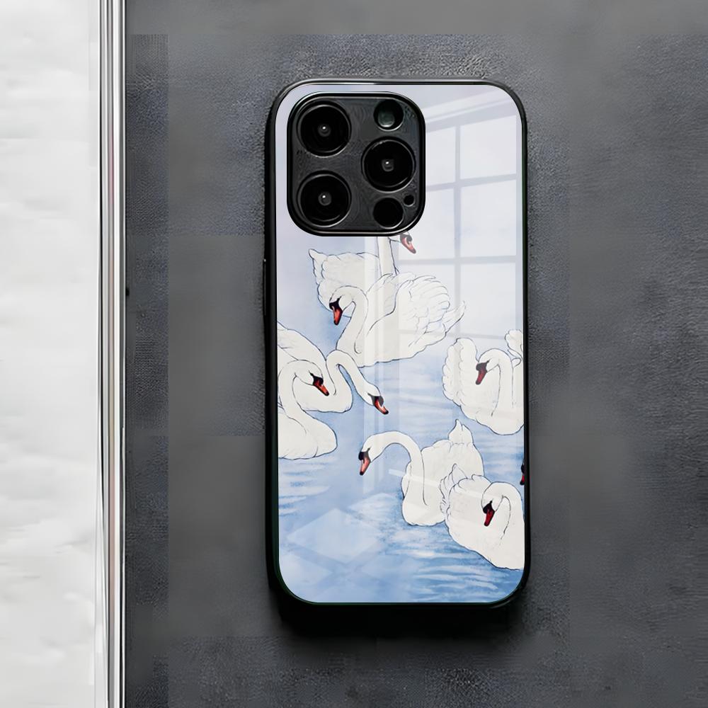 Чехол для телефона с иллюстрацией Белого Лебедя Для IPhone 17 Air 16 E Pro Max 15 14 13 Mini 12 Pro 11 Max Plus Черная Стеклянная Крышка
