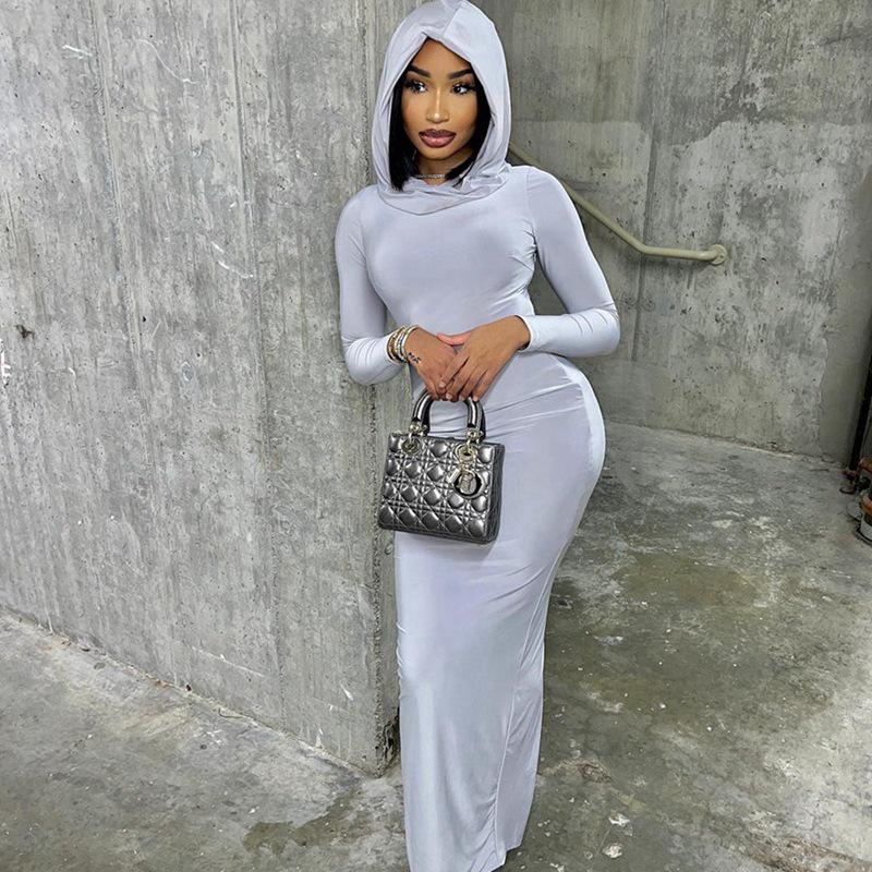 Платье-футляр в европейском и американском стиле с капюшоном и длинными рукавами