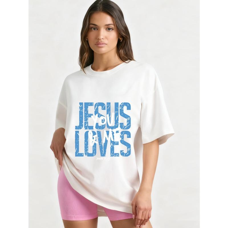 Oversized T Shirt Black Jesus Loves You And Me Bible Verse Print Casual Loose Fit Top For Women Daily Wear Church Outfit