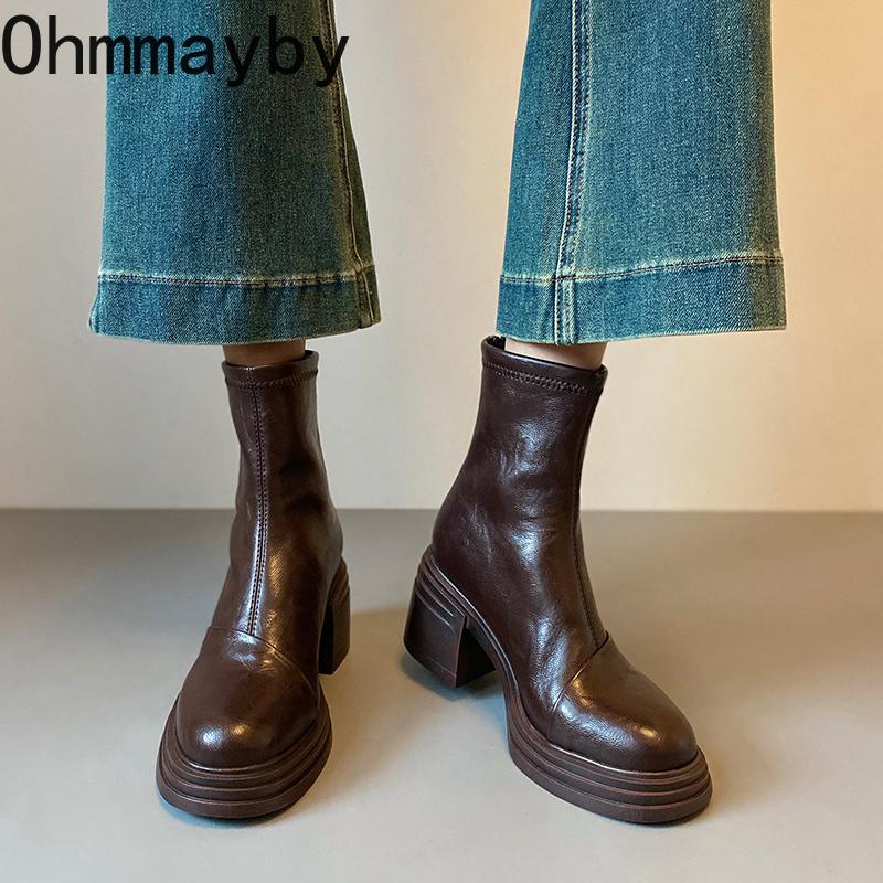 Designer Women Stretch Modern Ankle Boots Fashion Thick Heel Shoes Concise Short Botas De Mujer