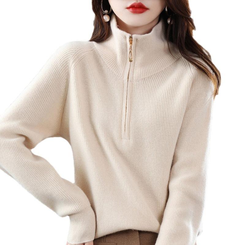 Half Zip Lapel Collar Knit Sweater for Women's Autumn Winter Long Sleeve Pullover Soft Solid Loose Sweaters