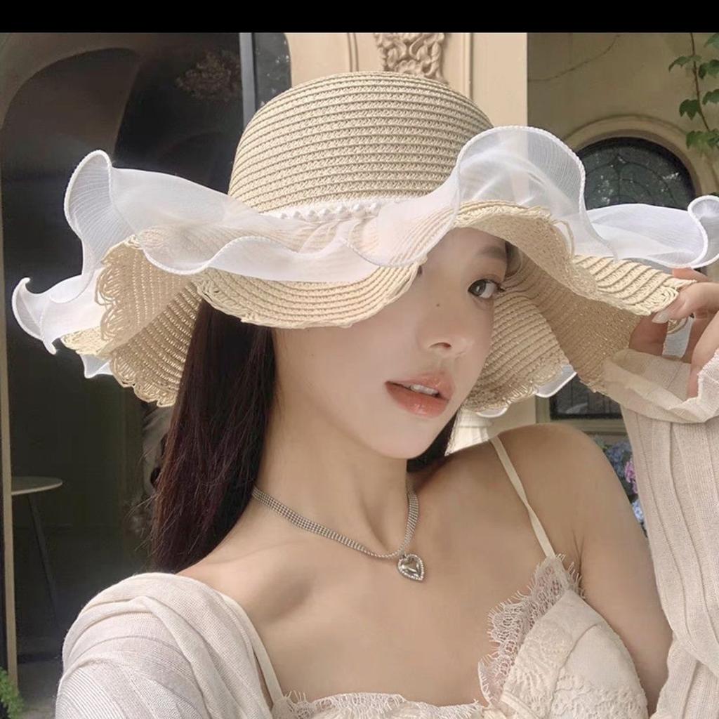 Summer, Beach Outdoor, Straw Hat, Lace Bow, Sunshade, Sun Hat, UV Protection, Sun Grass Hat, Women