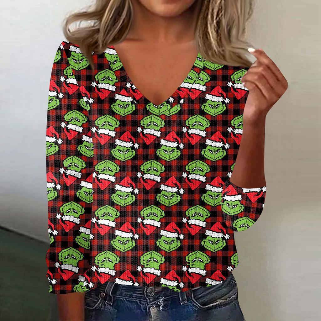 Women's Cute Sweatshirt Knitted Fashion Casual V-neck Long-sleeved Cozy Print Top