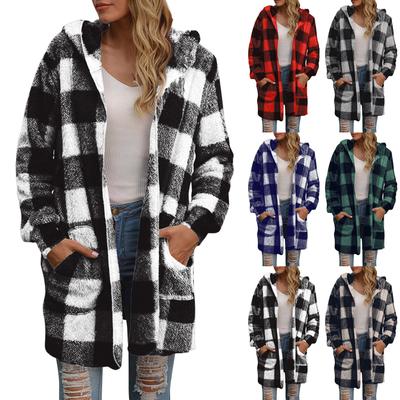 Женский повседневный плюшевый длинный рукав клетчатый капюшон с карманом свободный кардиган пальто