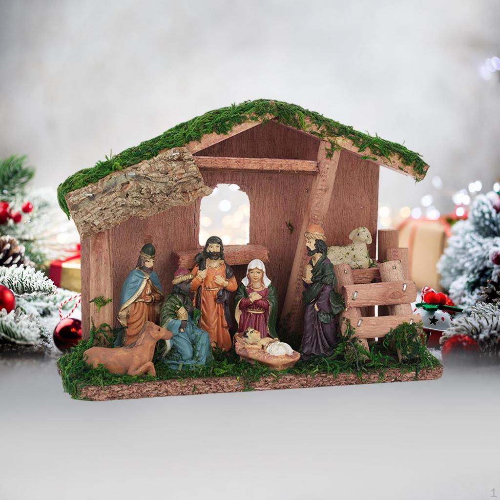 Christmas Nativity Scene Figurines with Stable Holy Family Statue Collectible Set for