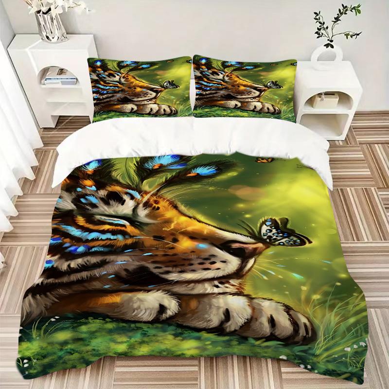 3pcs Tiger Butterfly Design Duvet Cover Set, Cover For Bedroom Guest Room (1 Duvet Cover + 2 Pillowcase, Without Quilt), yy250922151