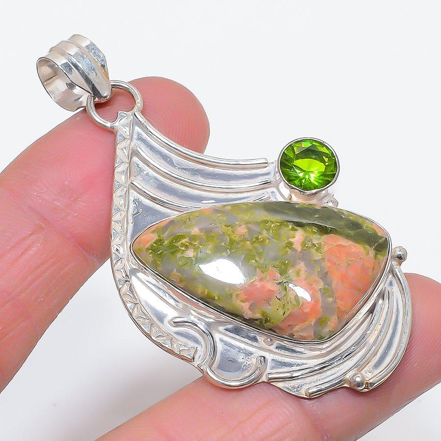 Подвеска из натурального унакита, драгоценного камня перидота из стерлингового серебра 925 пробы 2,56 дюйма e0c82