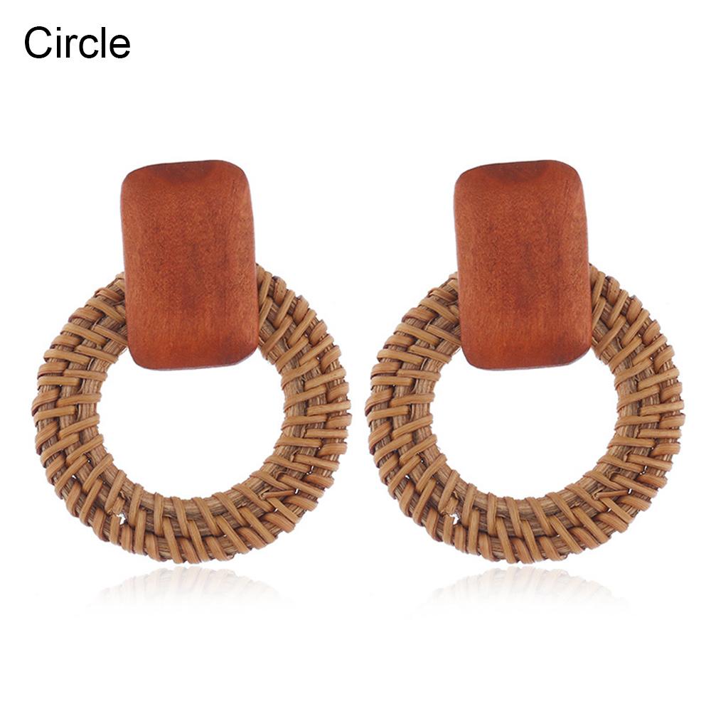 Handmade Korea Bamboo Wooden Straw Weave Rattan Knit Vine Circle Triangle Drop Earrings for Women Girl Beach Jewelry Earrings
