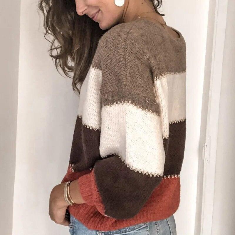Модный теплый вязаный женский пуловер с длинными рукавами, топы, повседневный контрастный полосатый свитер с круглым вырезом, женская зимняя одежда 30460