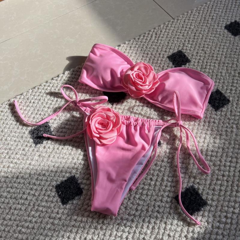Solid Color Rose Tube Top Drawstring Strap Split Swimsuit Bikini