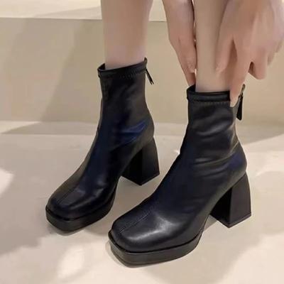 Распродажа женской обуви 2024 года, высококачественные женские ботинки на молнии, зимние однотонные с квадратным носком, короткие модные ботинки на блочном каблуке