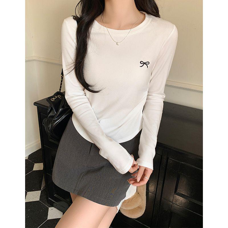 Женский топ с круглым вырезом, вышивкой бантом, длинными рукавами и плиссировкой, ранняя осень