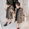 FiveFive Fashion Design Autumn Winter Parka Girl Hairy Clothes Long Woolen Coat for Kids Outerwear Grid Pattern Padded Warm Clothing