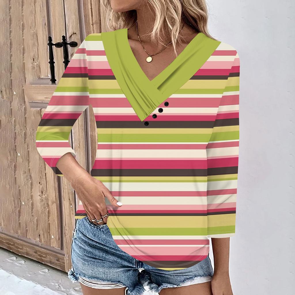 Womens 3/4 Sleeve Daily Weekend V Neck Casual Printed Tshirts Loose Fit Pleated Tees Ladies Blouse