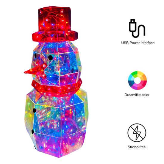 LED Prismatic Iridescent Snowman Ornaments USB Powered 3D Light Up Snowman Colorful Christmas Night Light for Home Party