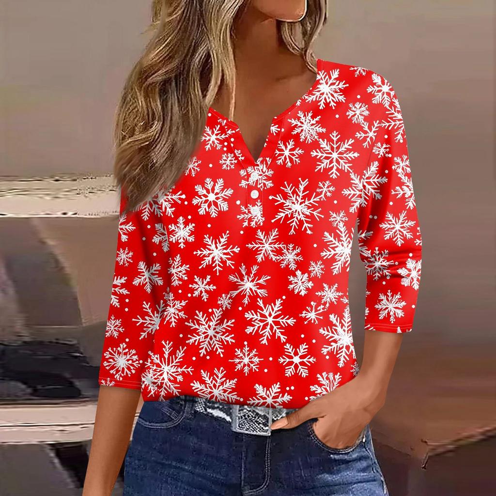 Women's T Shirt Christmas Print Button 3/4 Sleeve Daily Weekend Fashion Basic V- Neck Regular Top