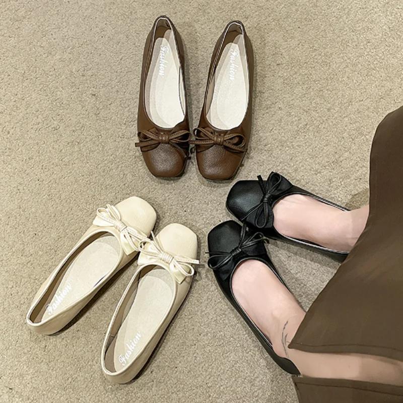 2024 Spring New Square Toed Fashion Flat Shoes Female Square Toed Shallow Bow Shoes for Women Casual Low Heels Ballet Shoes