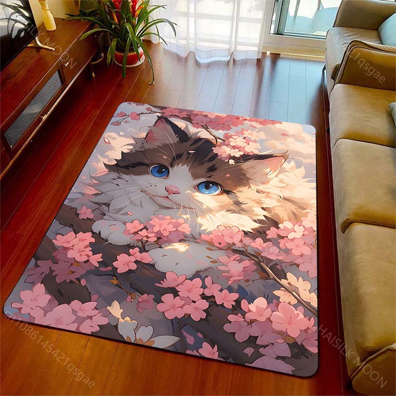 Multiple sizes Cat with Cherry Blossoms Carpet for Living Room Bedroom Sofa Home Decor Rus Non-slip Floor Mat Luxury Gift