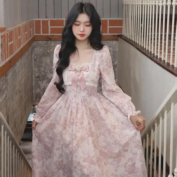 «Весна 2024 г., элегантное розовое длинное платье с цветочным принтом и подкладкой, растягивающейся в четыре стороны»