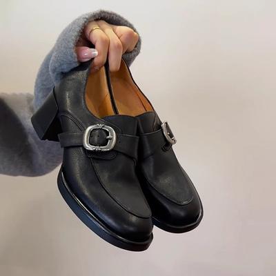 Сокровище городского магазина~ Британский ретро-пустошь стиль металлическая пряжка круглый носок толстый каблук мягкая кожа одинарная обувь вымытый нубук лоферы