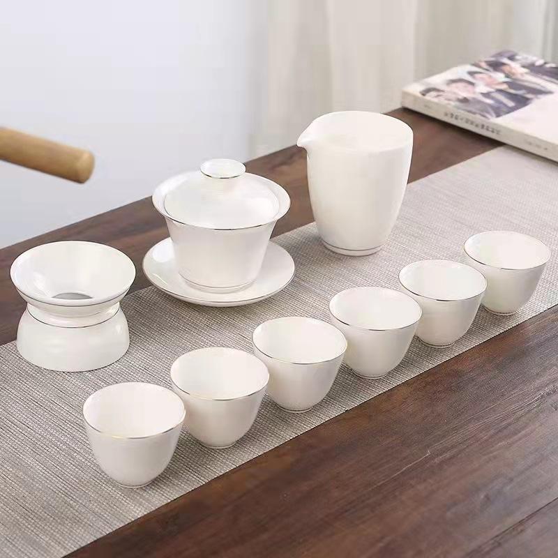 Suet jade kung fu tea set ceramic cover bowl teacup white porcelain brewing teapot tea set annual meeting gift set printing