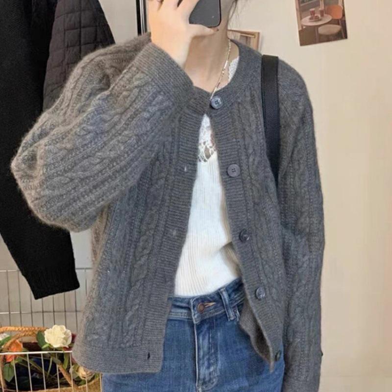 Women's Retro Wool Cardigan Sweater, Autumn/Winter, Thick, Single-Breasted, Round Neck, Cable Knit