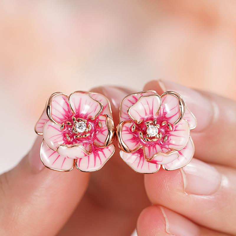 Huitan Aesthetic Women Stud Earrings Pink Flower Shaped Party Daily Lady Accessories Wedding Elegant Trendy Jewelry with CZGood product