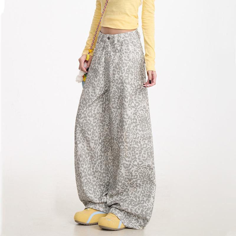 Spice girl retro leopard print high street design jeans women's new American loose meat covering and thin casual wide-leg trousers
