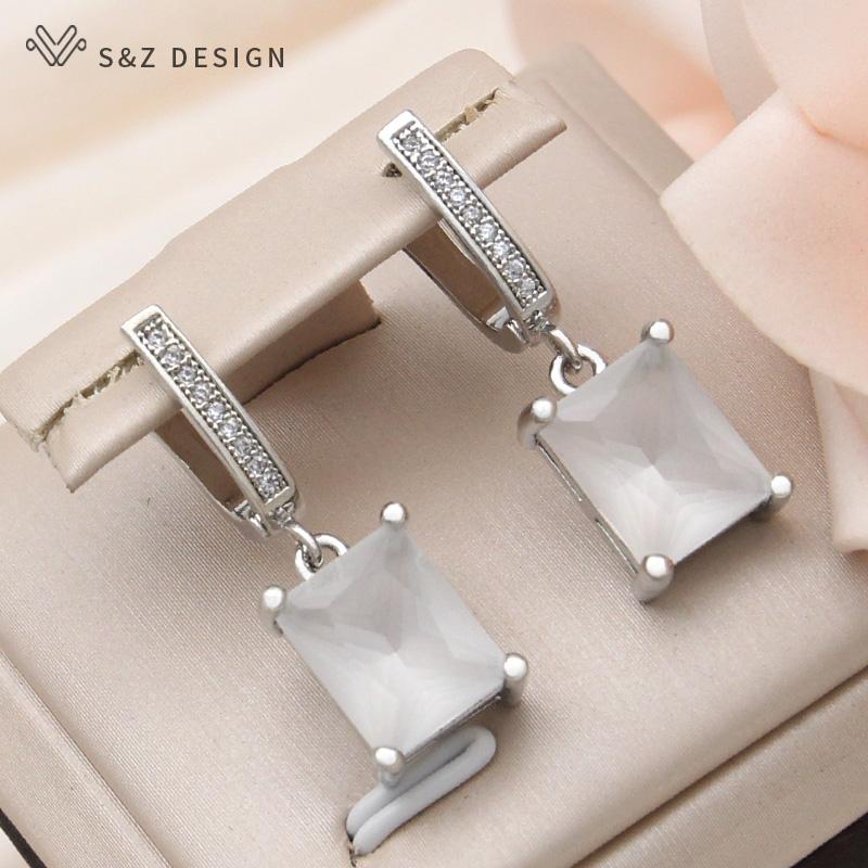 Fashion Cubic Zirconia Rectangle Drop Earrings For Women Elegant Rose Gold Color Jewelry Daily Accessories
