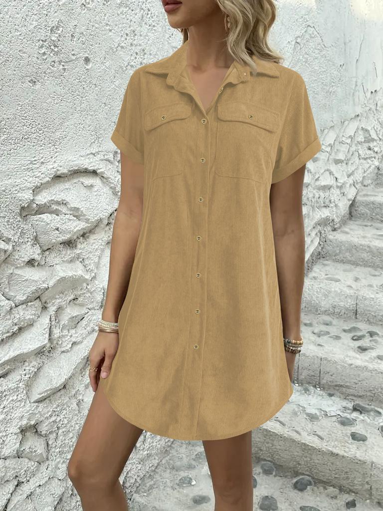 Amazon European and American Plus Size Spring/Summer Casual Corduroy Shirt Dress Loose Straight Cut Short Sleeve Lapel Dress for Women
