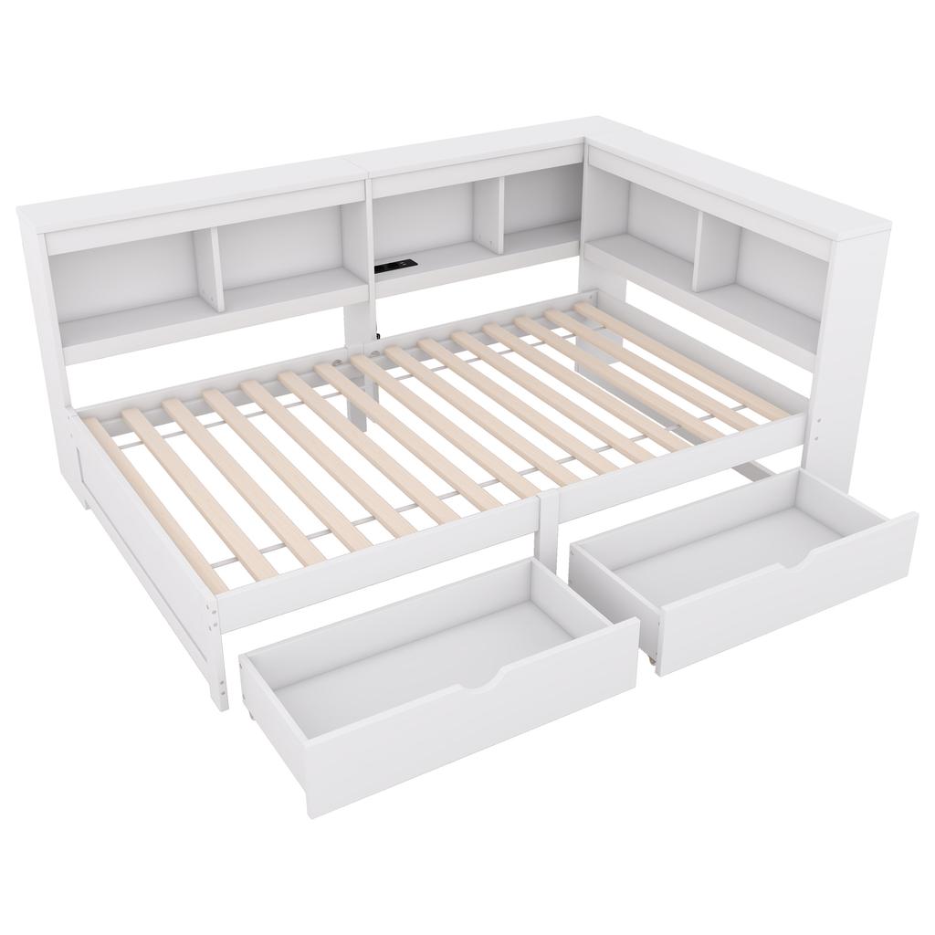 Daybed, 90 x 200 cm, Sofa Bed, Day Bed with Two Drawers, with Socket and 2 USB Ports, Bed with Slatted Frame (without Mattress), Chipboard, White