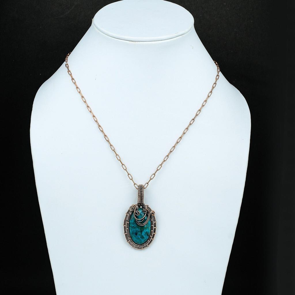 Кулон из хризоколлы, кулон с драгоценным камнем, кулон из медной проволоки, медные украшения, женский кулон ручной работы, подарок для него, подарок из хризоколлы для мамы