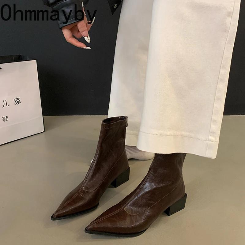 Дизайнерские женские ботильоны, модные, с острым носком, короткие, эластичные, осенне-зимние, женские, лаконичные, на толстом каблуке