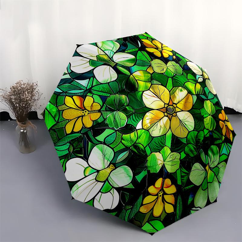 Stunning Stained Panel: Floral FantasyUmbrella, Portable 3-Fold Compact Umbrella for Men & Women Gift