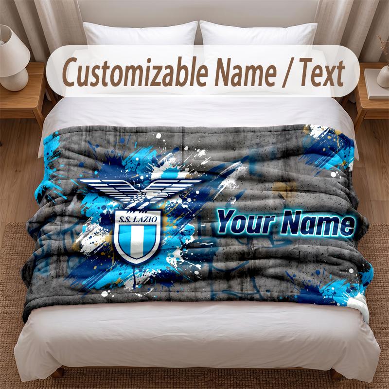 Lazio FC Printed Flannel Blanket Custom Name Text Soft Warm Throw For Bedroom Holiday Gift