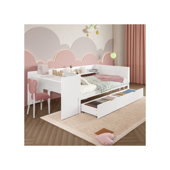 Lit - Blanc - 90x200 cm - Bureau à 2 tiroirs - Bois massif - 1 place