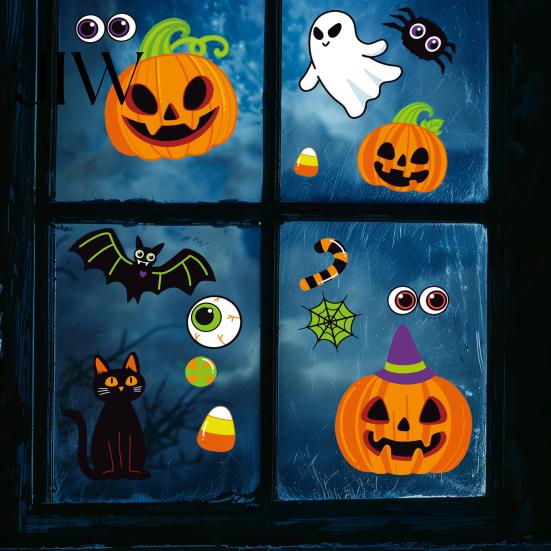 No Glue Window Adhesives Cute Halloween Static Cling Stickers, Pumpkin Ghost Bat Black Cat Glass Party Supplies Decals, Adhesive Removable Art Decals