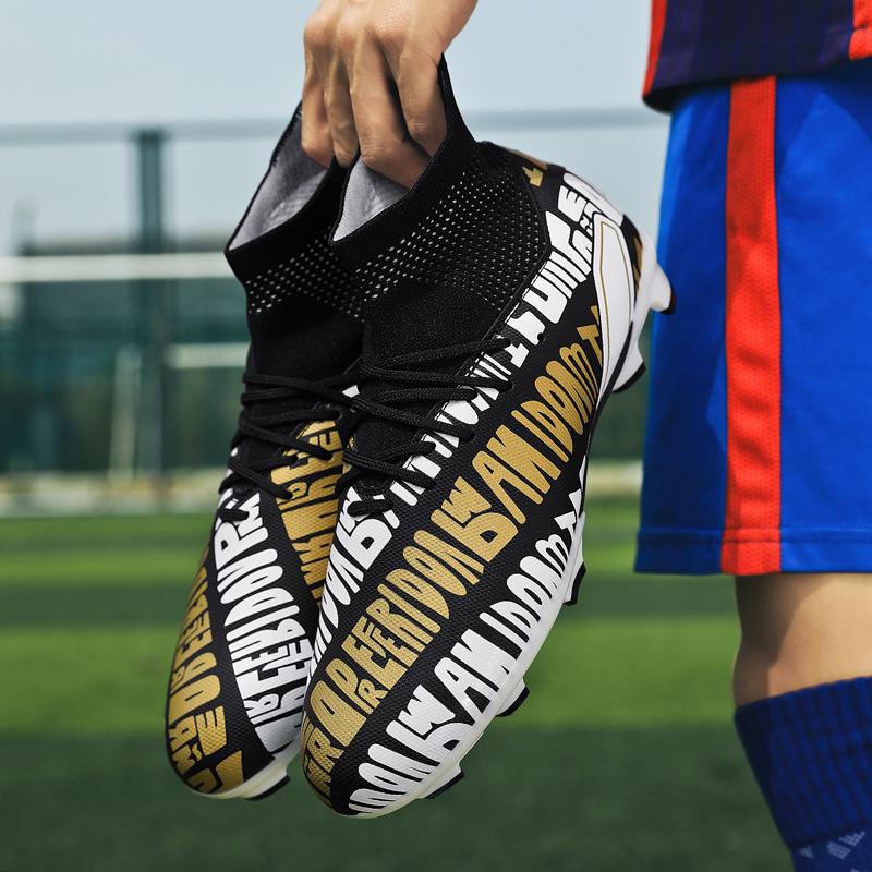 Футбольные бутсы, бутсы с текстовым узором, высокие кеды, длинные гвозди, высокие эластичные носки, тренировочные детские футбольные бутсы с искусственным лугом