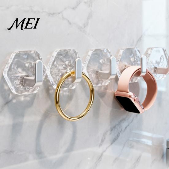Wall Storage Hooks Acrylic Adhesive Hooks, Hexagonal Wave Shape, No Drilling Easy Transparent Installation Hook, Modern Style Clear for Bathroom