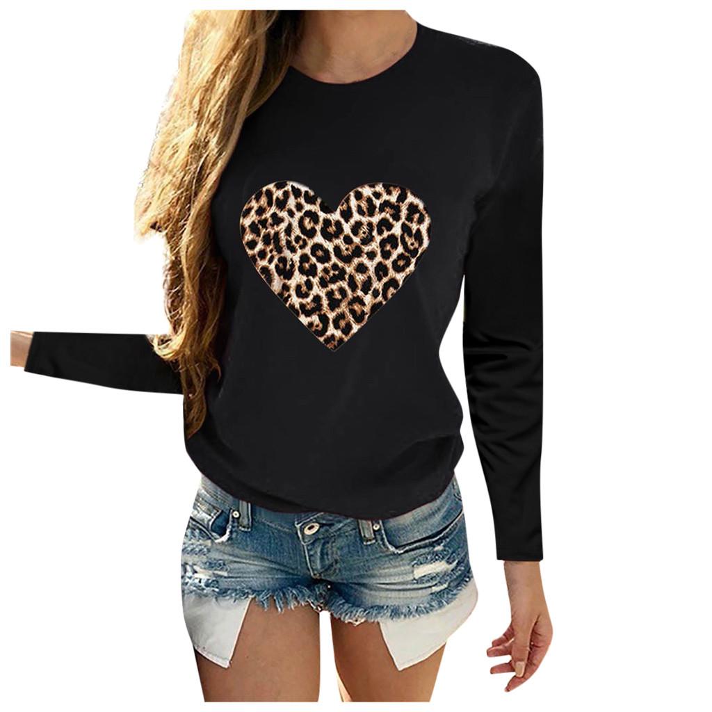 Women Casual Long Sleeve Leopard Print Heart-shaped Top