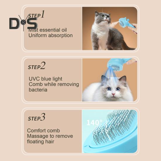 Паровая щетка для кошек 3-в-1, спрей для удаления шерсти домашних животных, расческа с кнопкой фиксатора и резервуаром, USB-перезаряжаемая щетка для ухода за длинной короткой шерстью кошек и собак