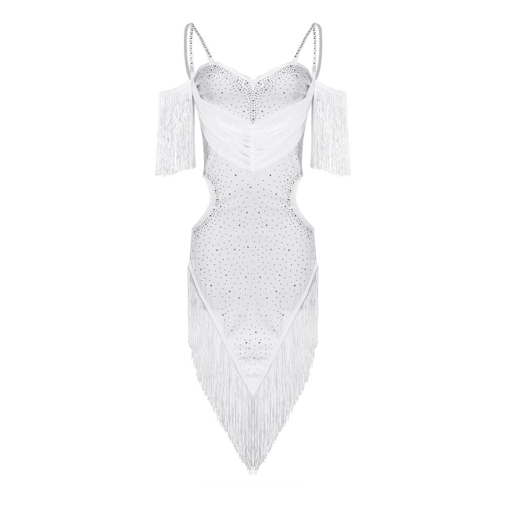 Женский костюм для латиноамериканских танцев Ча-ча Танго Выступление Вырез Открытая спина Тонкие бретельки Бахрома Блестящие стразы Платье