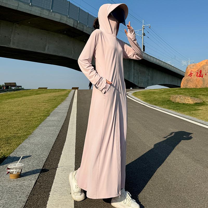 Summer 1011 New Sun Protection Shirt Women's Long Dress, Full Outdoor Breathable UV Protection Sun Protection Dress, Waist-Cinching