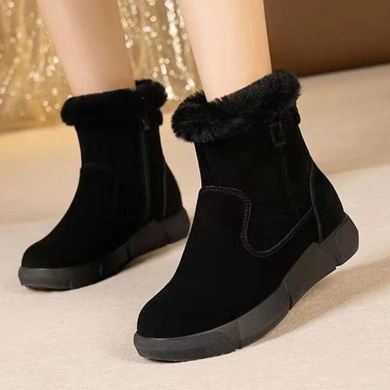 Женские замшевые зимние ботинки «Челси» на меху на платформе, теплая короткая плюшевая женская обувь, зимние мотоциклетные ботинки-гладиаторы на молнии, 2024 г.