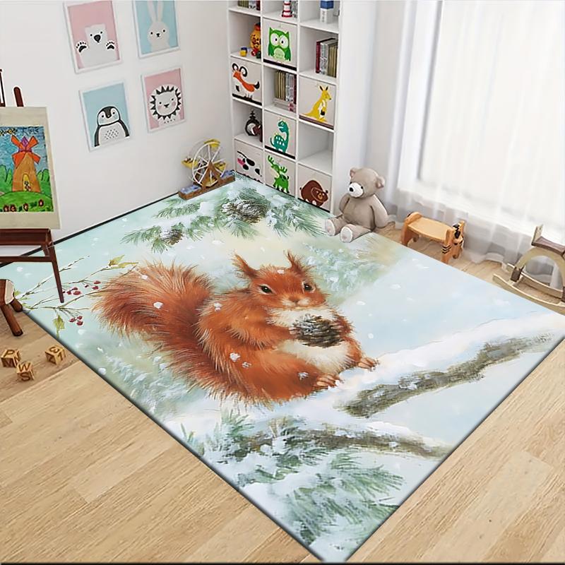 Winter Squirrel Pinecone Carpet Rug Soft Washable Anti Slip Home Living Room Sofa Mats Personalized Christmas Rug
