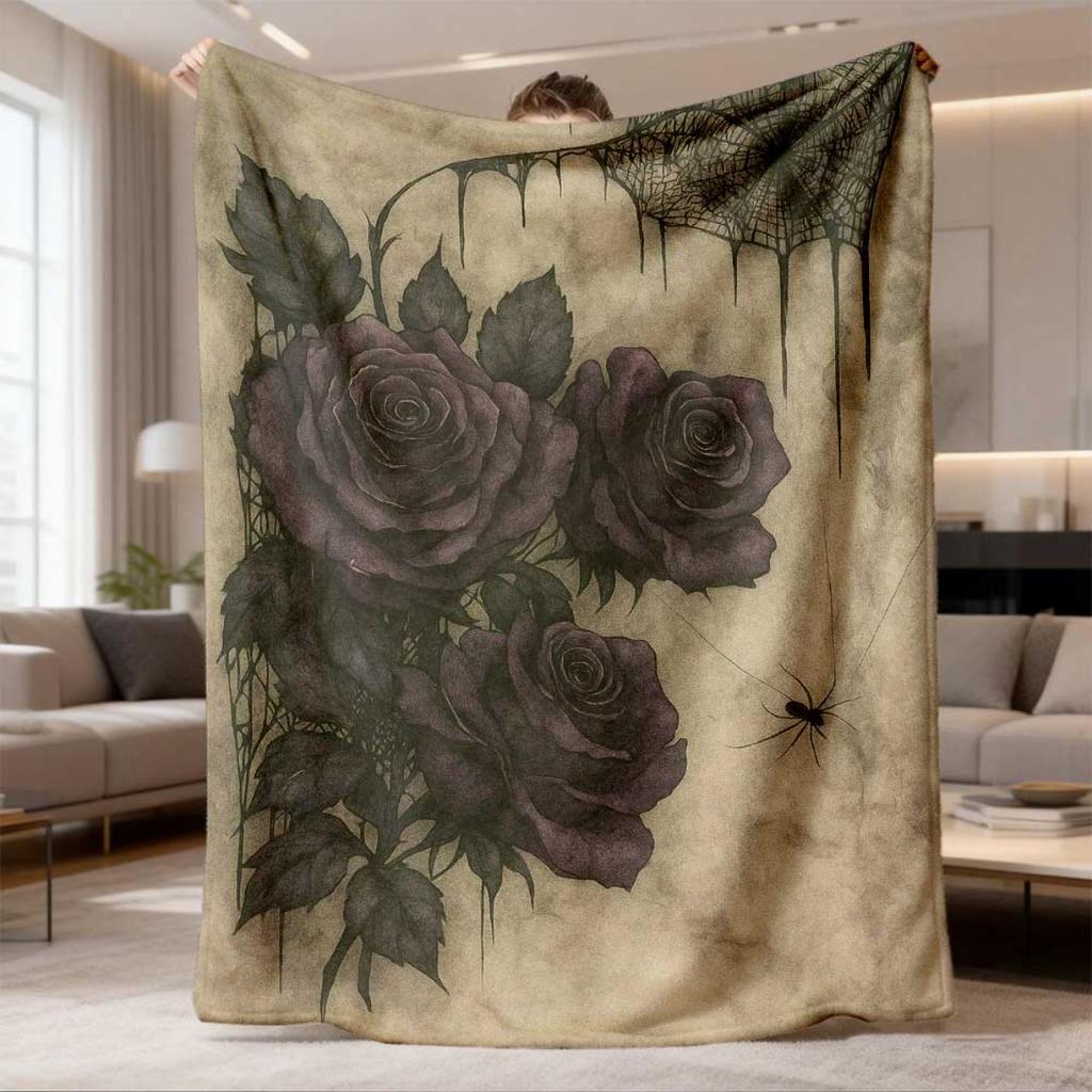 2026 Latest Flannel Blanket 1pc Gothic Rose Flannel Blanket Dark Purple Roses & Spider Web Print on Beige, Soft Warm AllSeason Throw for Bed, Sofa, Of